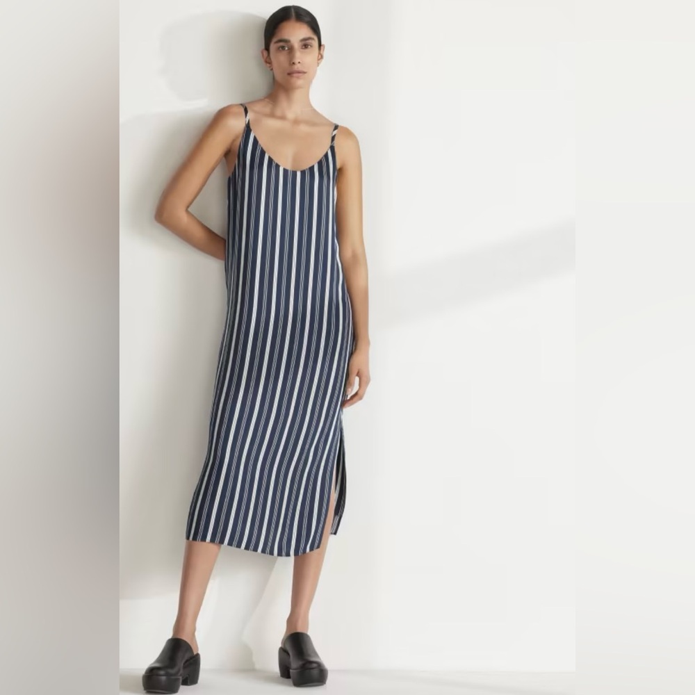 NWT Everlane Satin slip dress, size 4, blue and bone striped